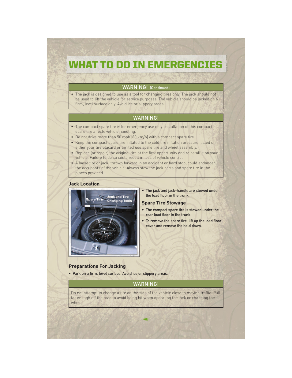 Jack location, Spare tire stowage, Preparations for jacking | What to do in emergencies | Jeep 2010 Compass - User Guide User Manual | Page 48 / 76