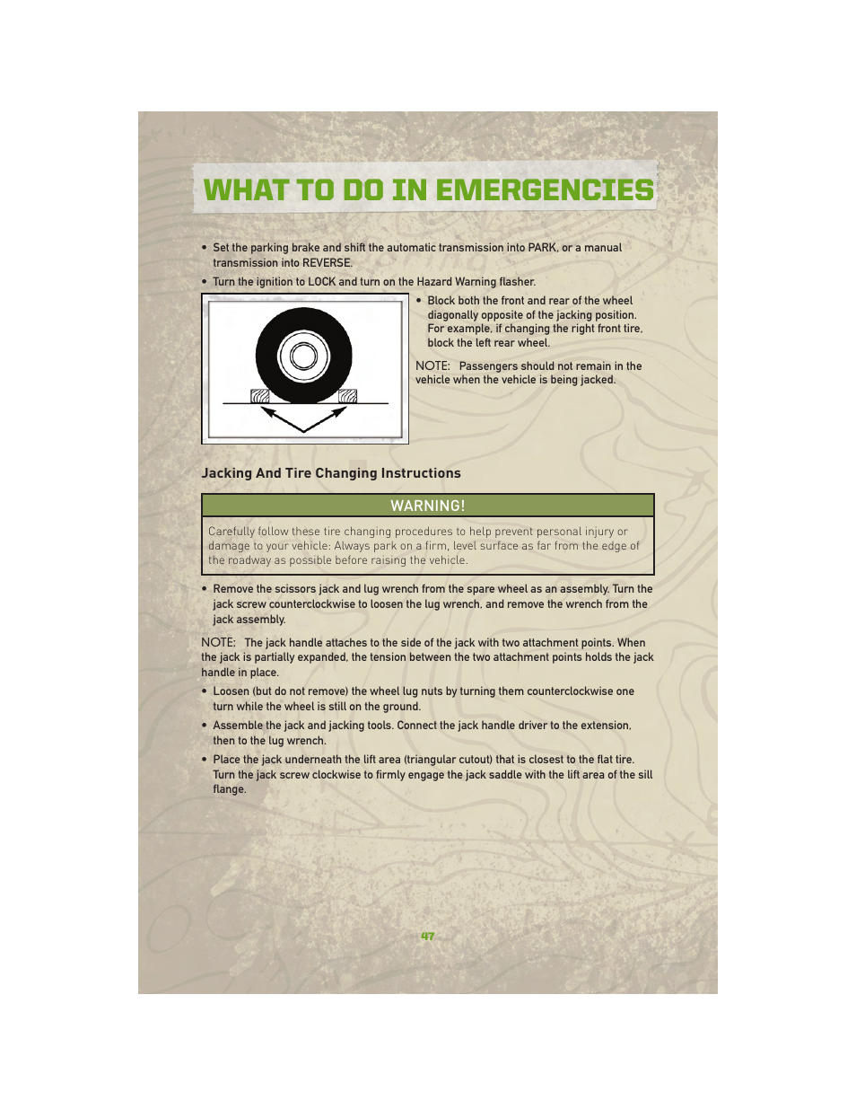 Jacking and tire changing instructions, What to do in emergencies | Jeep 2010 Compass - User Guide User Manual | Page 49 / 76