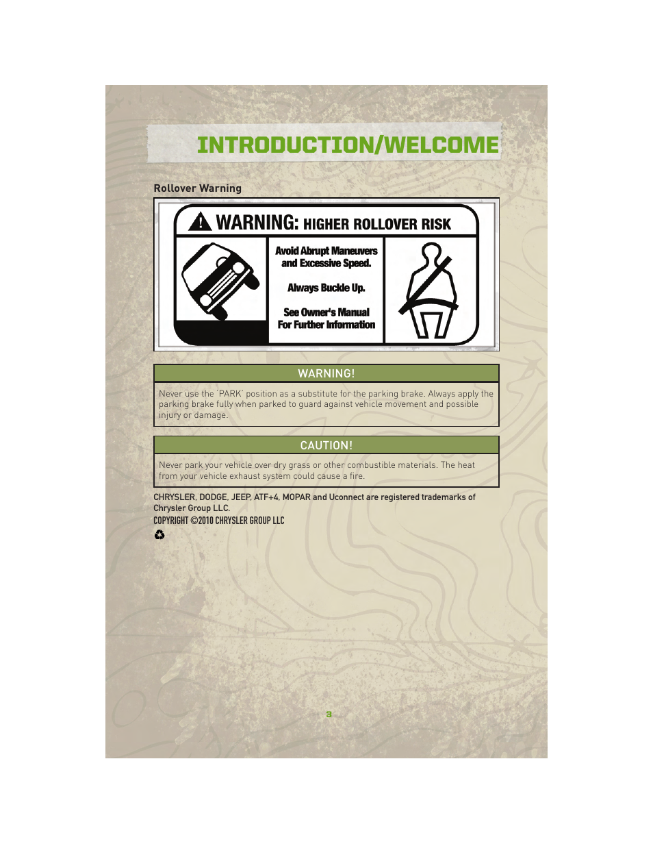 Rollover warning, Introduction/welcome | Jeep 2010 Compass - User Guide User Manual | Page 5 / 76