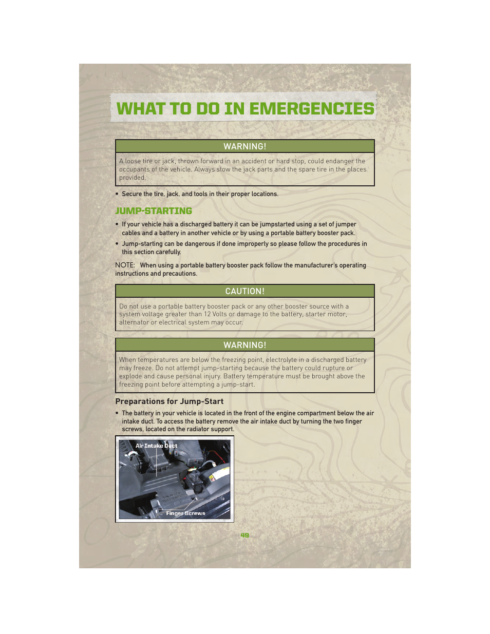 Jump-starting, Preparations for jump-start, What to do in emergencies | Jeep 2010 Compass - User Guide User Manual | Page 51 / 76