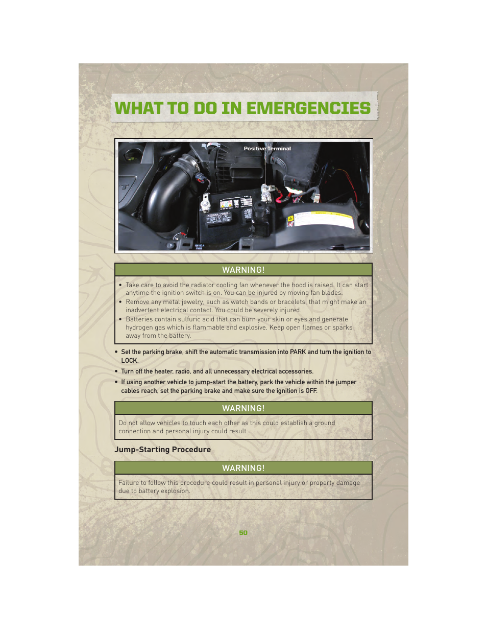 Jump-starting procedure, What to do in emergencies | Jeep 2010 Compass - User Guide User Manual | Page 52 / 76