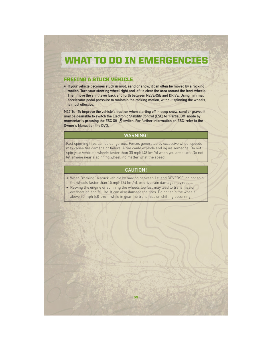 Freeing a stuck vehicle, What to do in emergencies | Jeep 2010 Compass - User Guide User Manual | Page 55 / 76