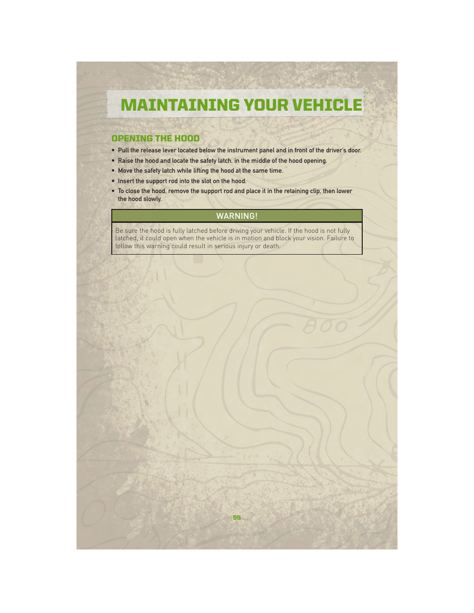 Maintaining your vehicle, Opening the hood, Engine compartment | Jeep 2010 Compass - User Guide User Manual | Page 57 / 76