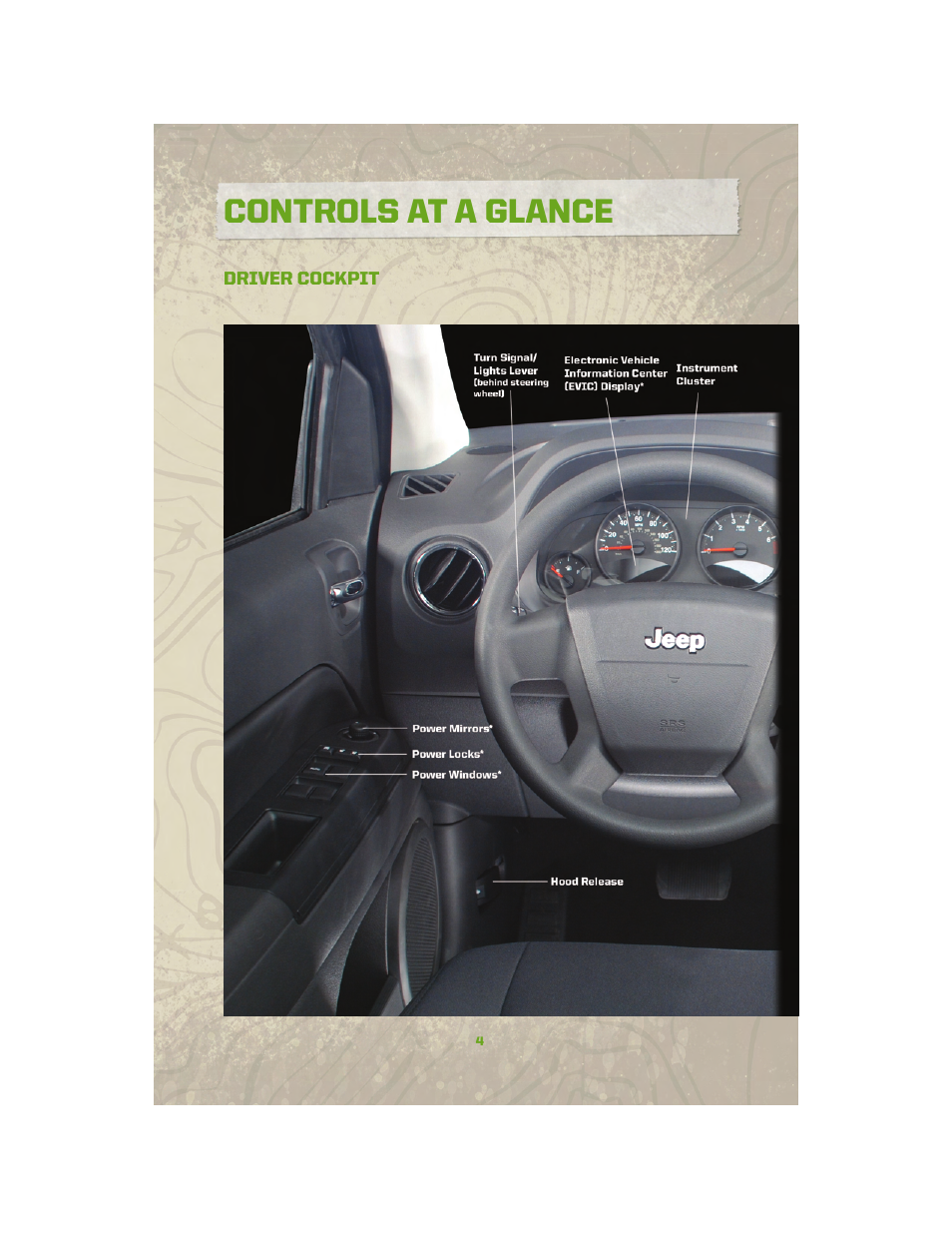 Controls at a glance, Driver cockpit | Jeep 2010 Compass - User Guide User Manual | Page 6 / 76