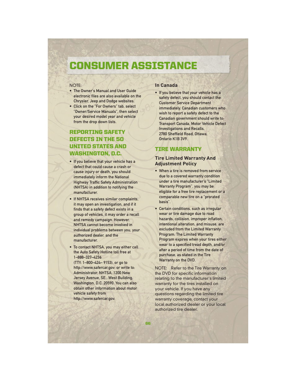 In canada, Tire warranty, Tire limited warranty and adjustment policy | Consumer assistance | Jeep 2010 Compass - User Guide User Manual | Page 68 / 76