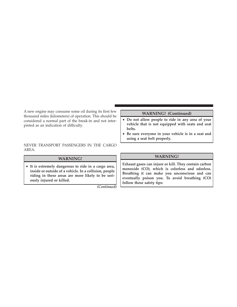 Safety tips, Transporting passengers, Exhaust gas | Jeep 2010 Grand Cherokee - Owner Manual User Manual | Page 73 / 466