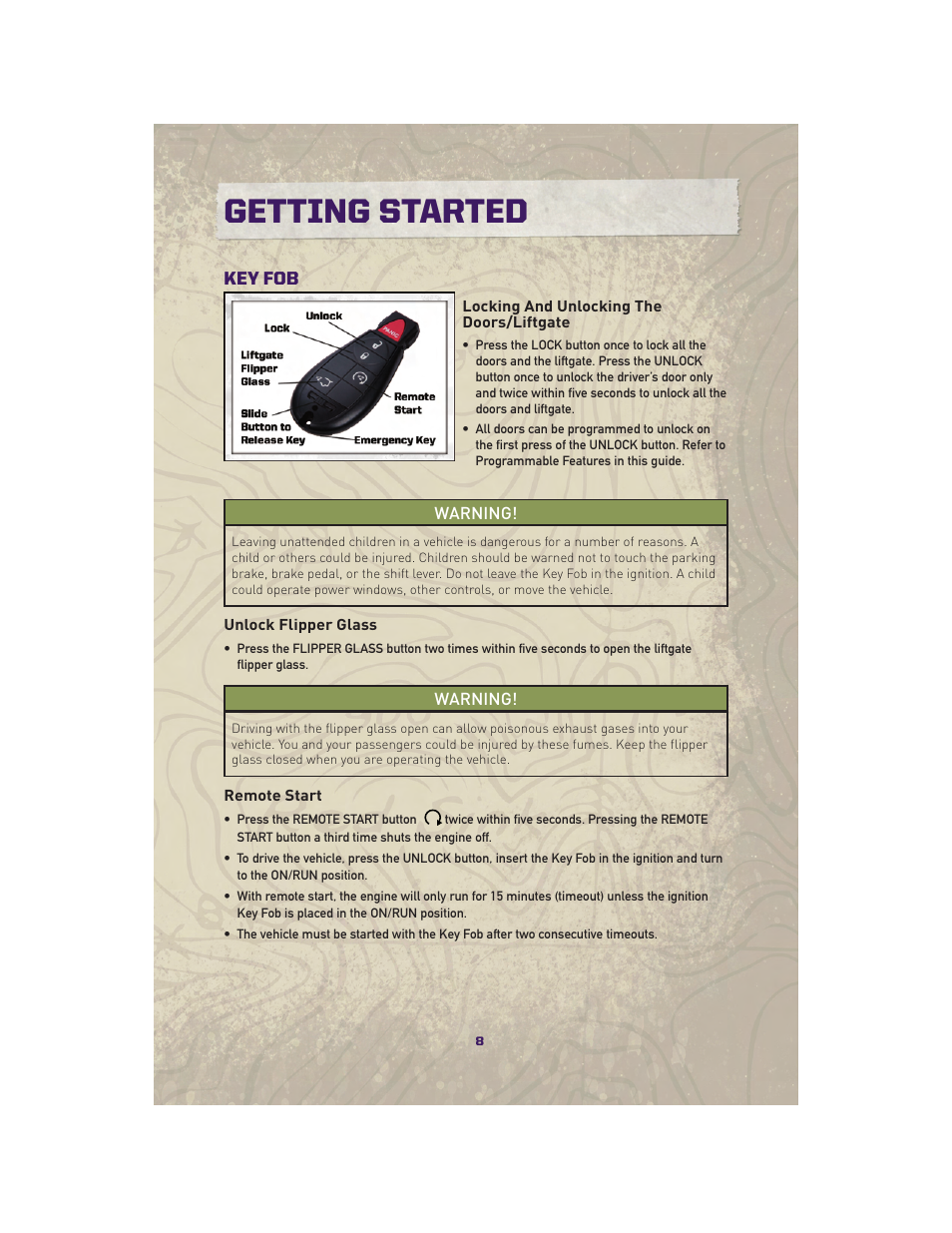 Getting started, Key fob, Locking and unlocking the doors/liftgate | Unlock flipper glass, Remote start | Jeep 2010 Grand Cherokee SRT - User Guide User Manual | Page 10 / 84