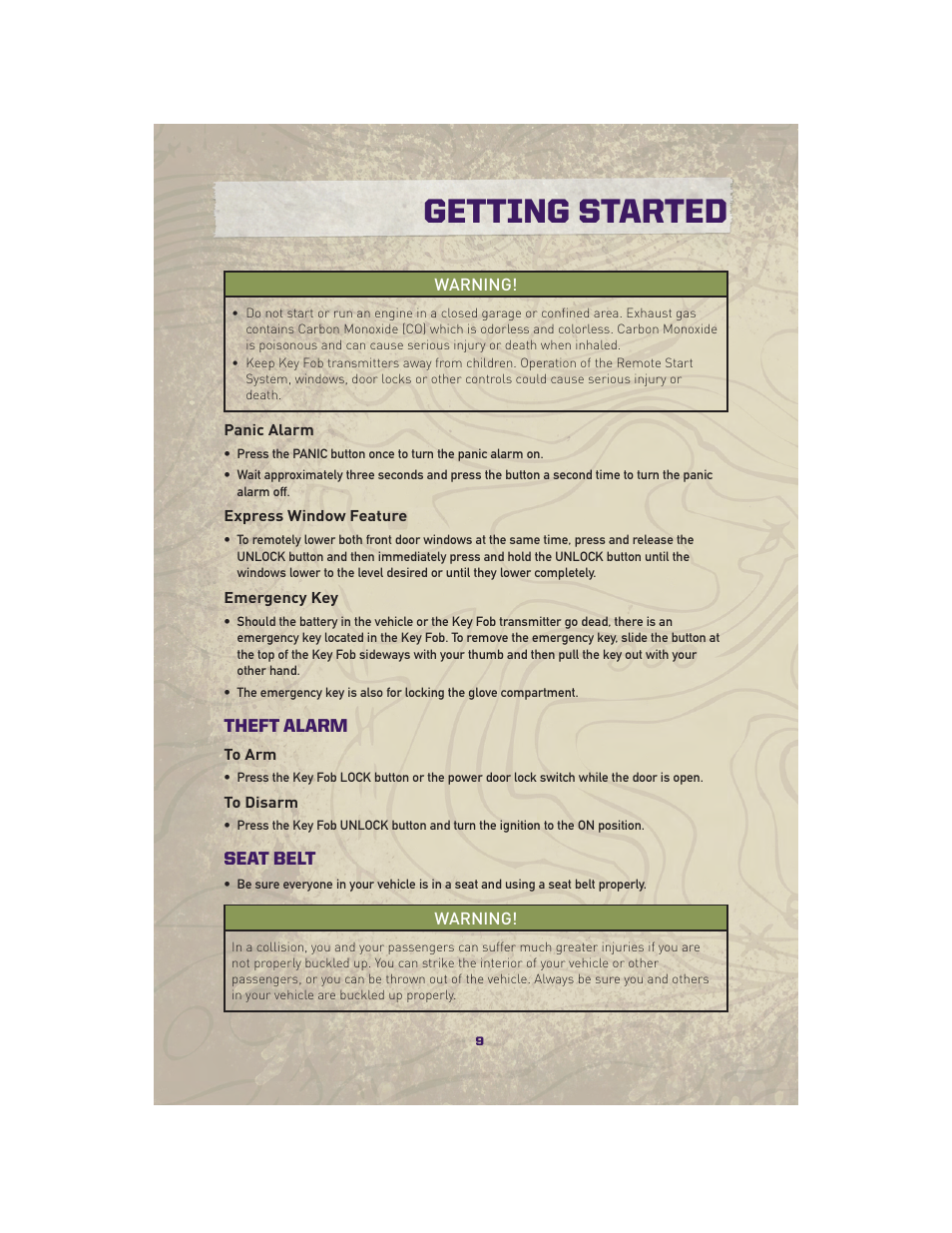 Panic alarm, Express window feature, Emergency key | Theft alarm, To arm, To disarm, Seat belt, Getting started | Jeep 2010 Grand Cherokee SRT - User Guide User Manual | Page 11 / 84