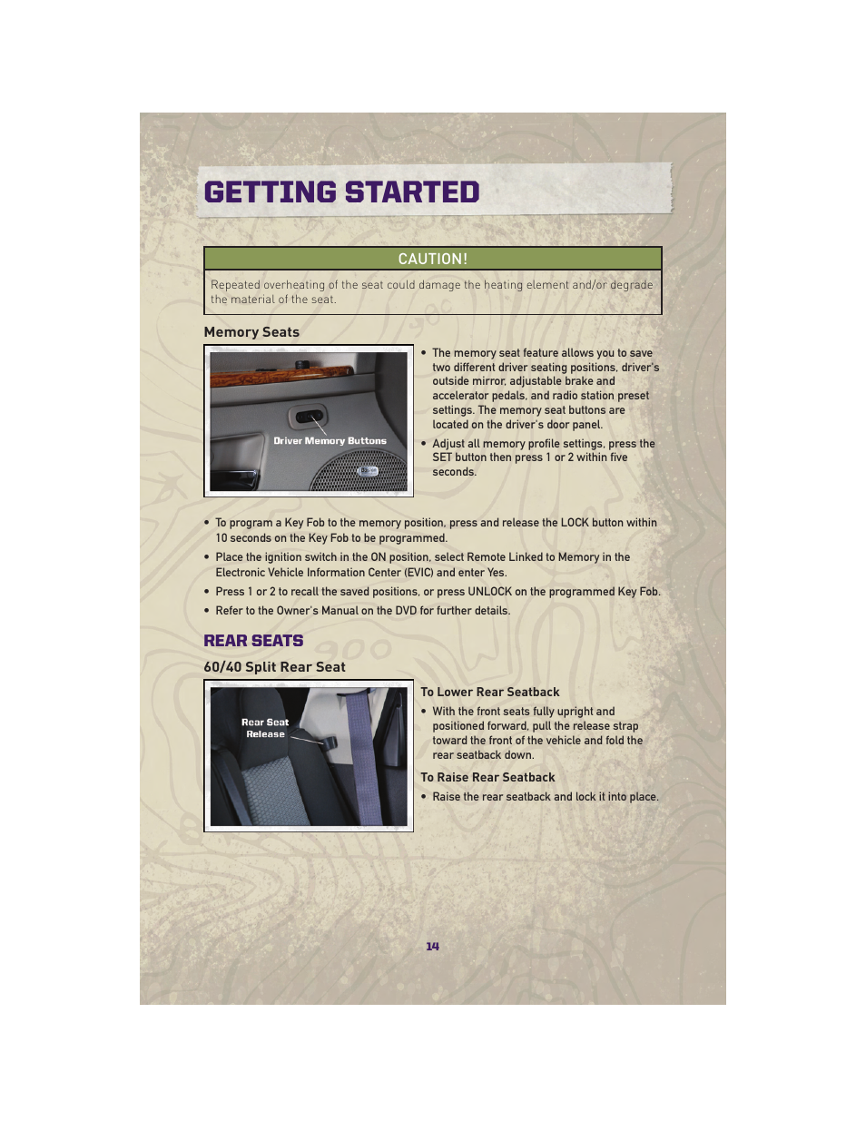 Memory seats, Rear seats, 60/40 split rear seat | Getting started | Jeep 2010 Grand Cherokee SRT - User Guide User Manual | Page 16 / 84