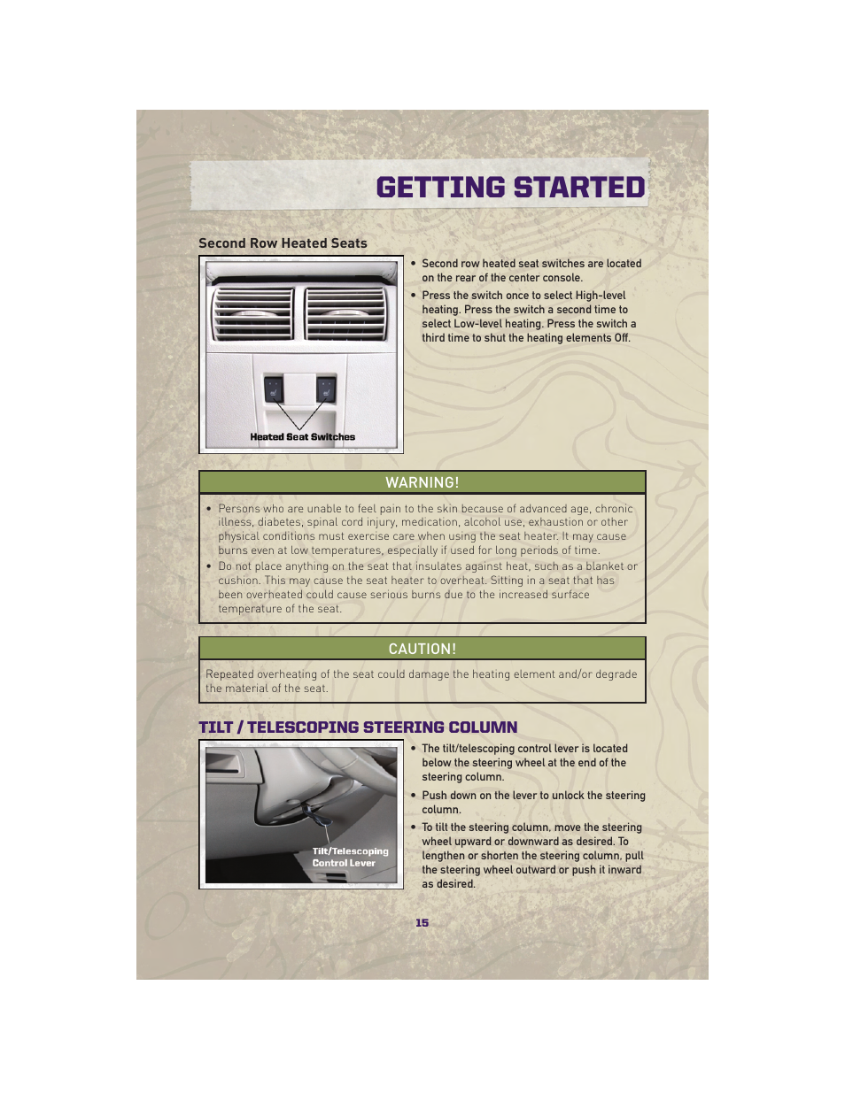 Second row heated seats, Tilt / telescoping steering column, Getting started | Jeep 2010 Grand Cherokee SRT - User Guide User Manual | Page 17 / 84