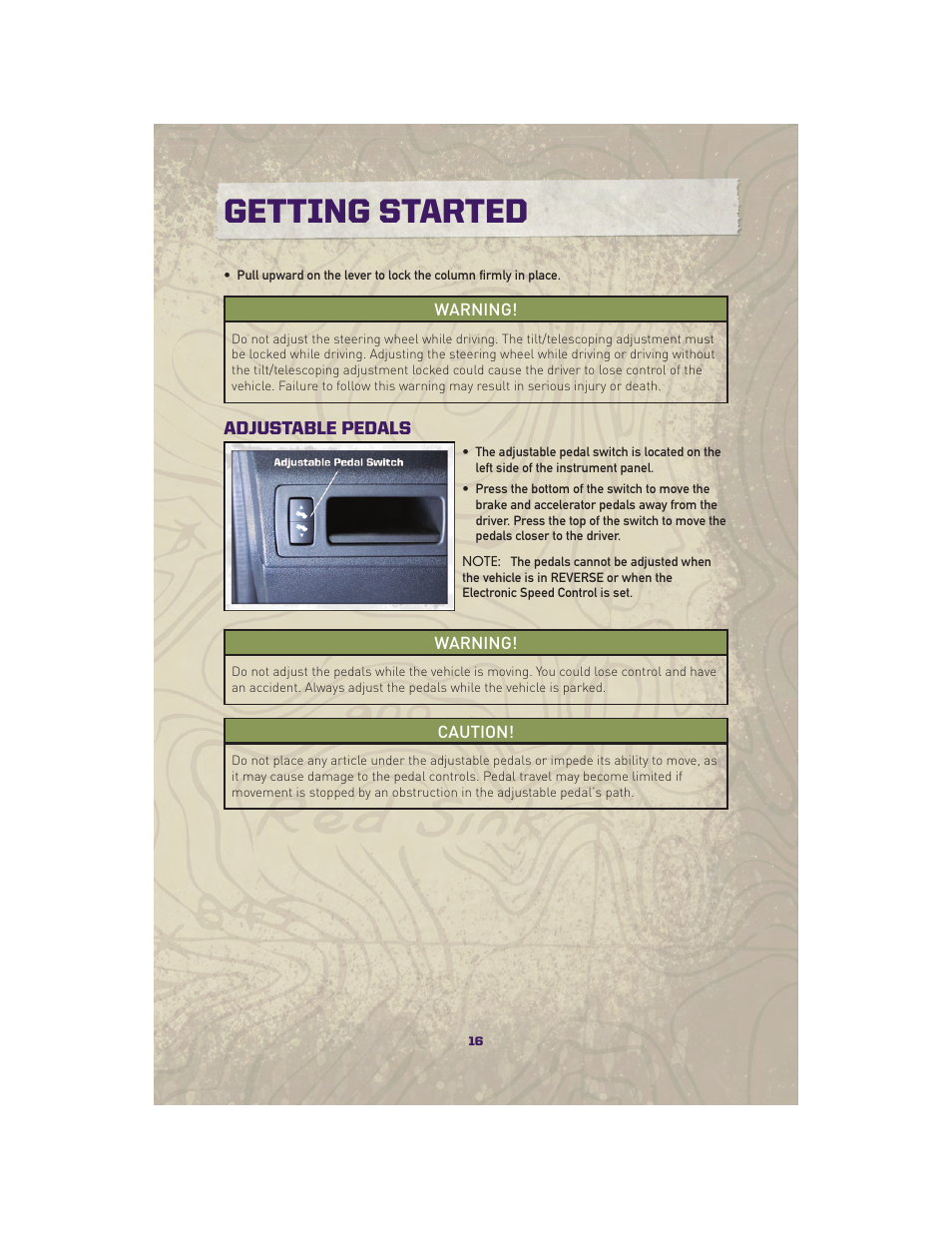 Adjustable pedals, Getting started | Jeep 2010 Grand Cherokee SRT - User Guide User Manual | Page 18 / 84