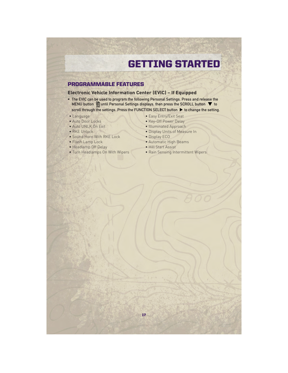 Programmable features, Getting started | Jeep 2010 Grand Cherokee SRT - User Guide User Manual | Page 19 / 84