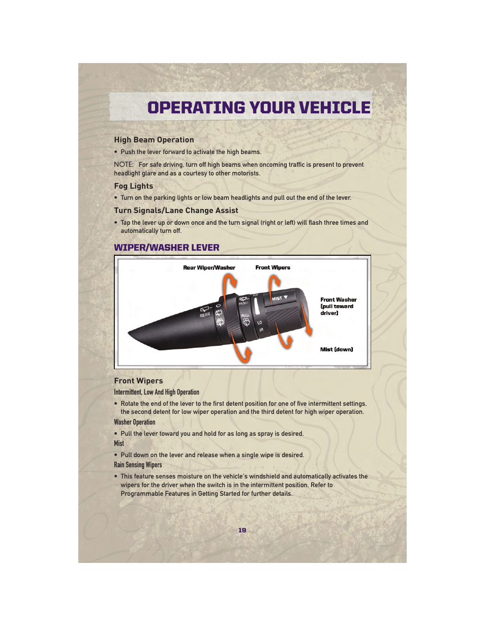 High beam operation, Fog lights, Turn signals/lane change assist | Wiper/washer lever, Front wipers, Operating your vehicle | Jeep 2010 Grand Cherokee SRT - User Guide User Manual | Page 21 / 84