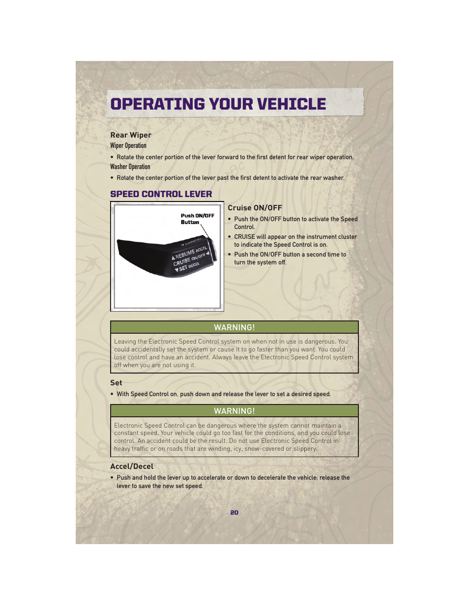 Rear wiper, Speed control lever, Cruise on/off | Accel/decel, Operating your vehicle | Jeep 2010 Grand Cherokee SRT - User Guide User Manual | Page 22 / 84