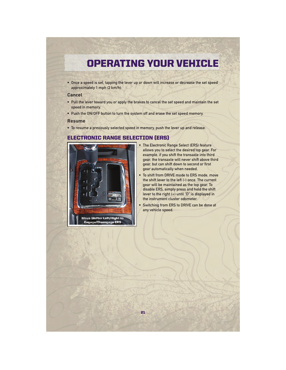 Cancel, Resume, Electronic range selection (ers) | Operating your vehicle | Jeep 2010 Grand Cherokee SRT - User Guide User Manual | Page 23 / 84