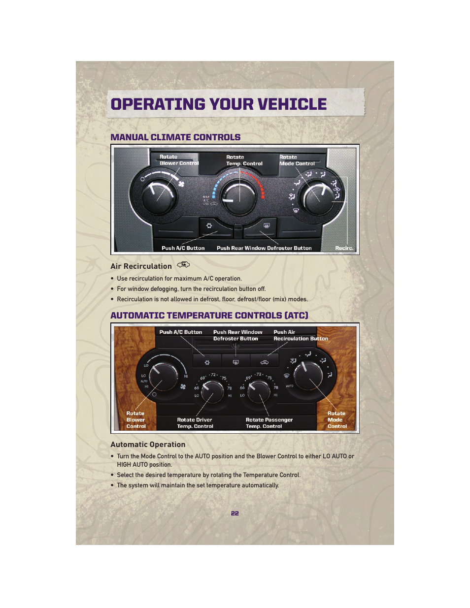 Manual climate controls, Air recirculation, Automatic temperature controls (atc) | Automatic operation, Operating your vehicle | Jeep 2010 Grand Cherokee SRT - User Guide User Manual | Page 24 / 84