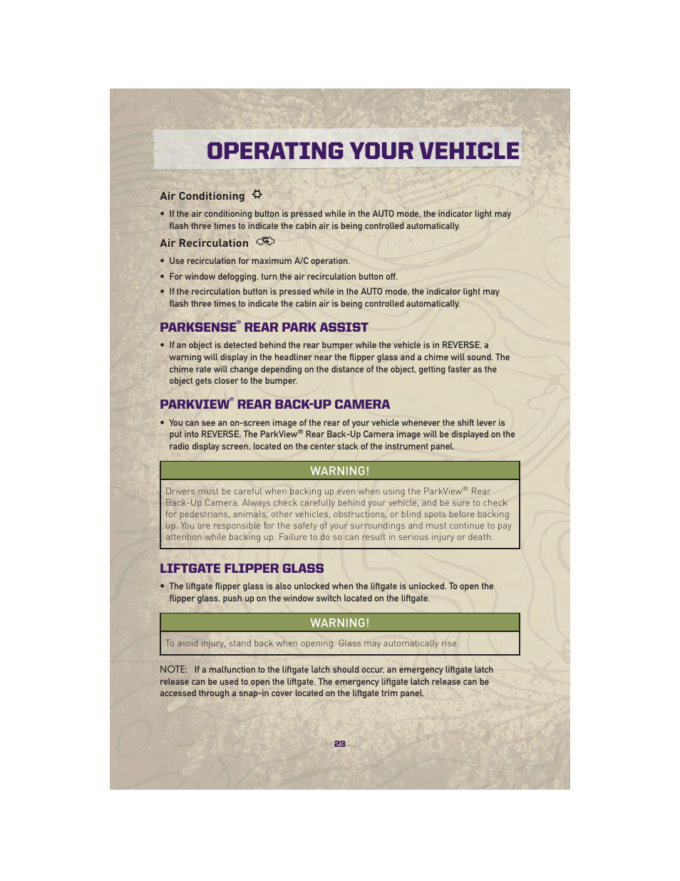 Air conditioning, Air recirculation, Parksense® rear park assist | Parkview® rear back-up camera, Liftgate flipper glass, Operating your vehicle, Parksense, Rear park assist, Parkview, Rear back-up camera | Jeep 2010 Grand Cherokee SRT - User Guide User Manual | Page 25 / 84