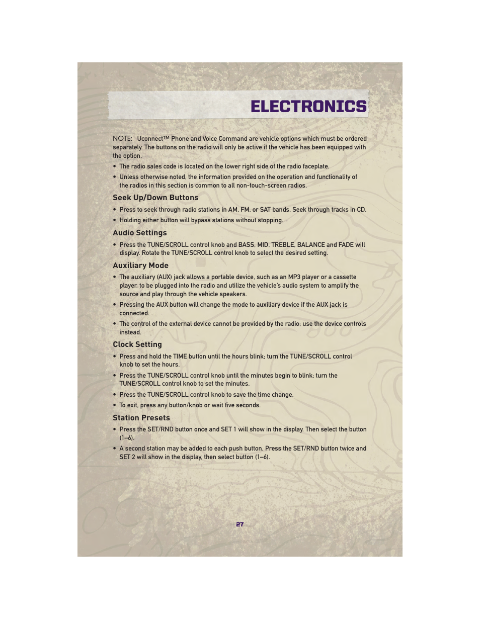 Seek up/down buttons, Audio settings, Auxiliary mode | Clock setting, Station presets, Electronics | Jeep 2010 Grand Cherokee SRT - User Guide User Manual | Page 29 / 84