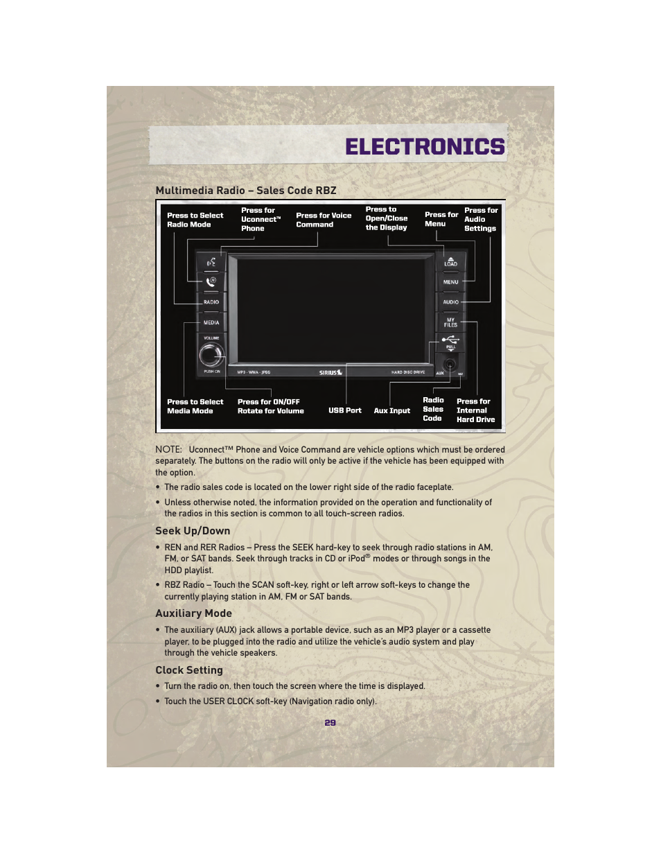 Multimedia radio – sales code rbz, Seek up/down, Auxiliary mode | Clock setting, Electronics | Jeep 2010 Grand Cherokee SRT - User Guide User Manual | Page 31 / 84