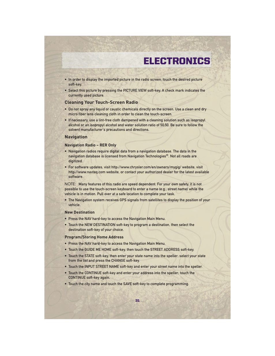 Cleaning your touch-screen radio, Navigation, Electronics | Jeep 2010 Grand Cherokee SRT - User Guide User Manual | Page 33 / 84