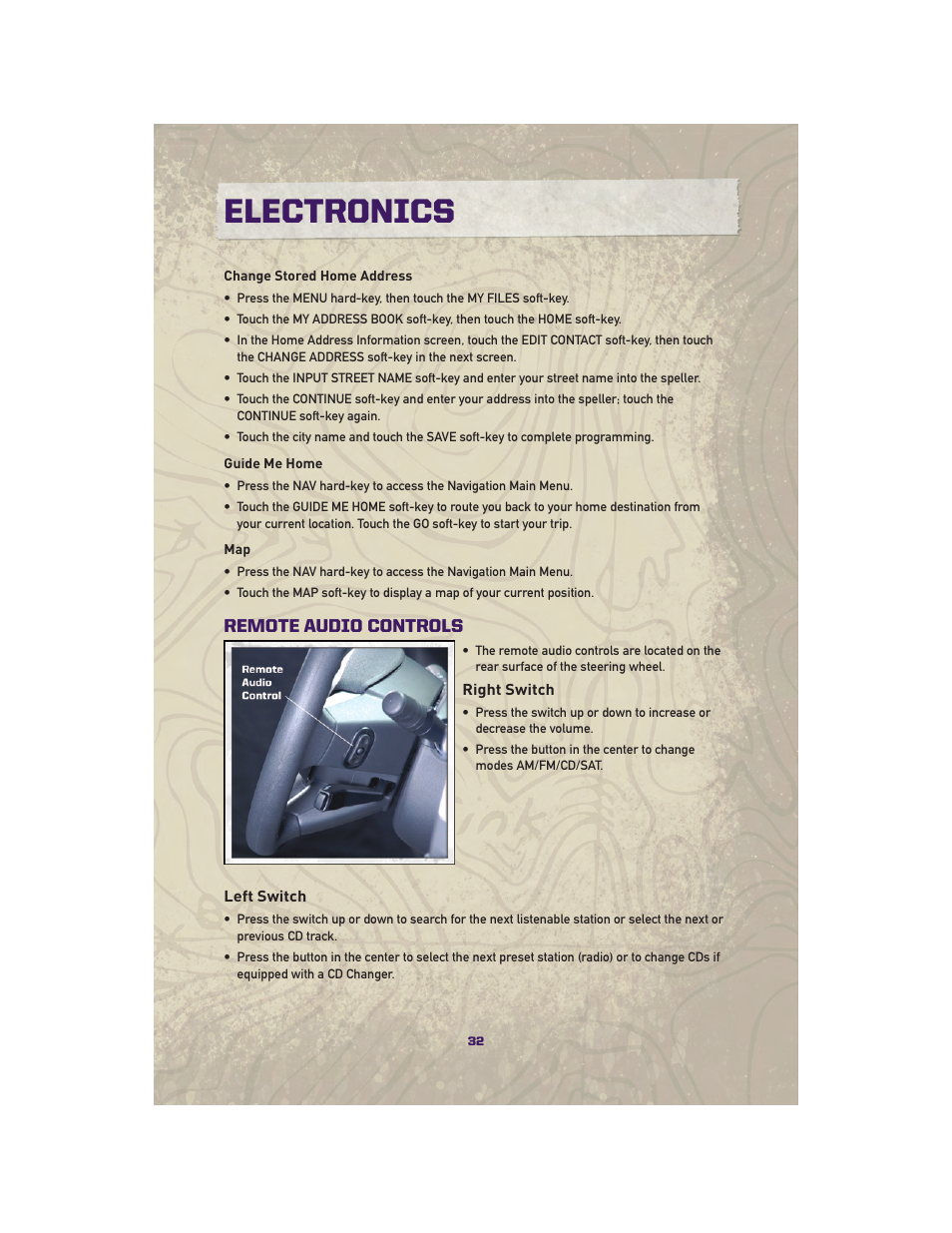 Remote audio controls, Right switch, Left switch | Electronics | Jeep 2010 Grand Cherokee SRT - User Guide User Manual | Page 34 / 84