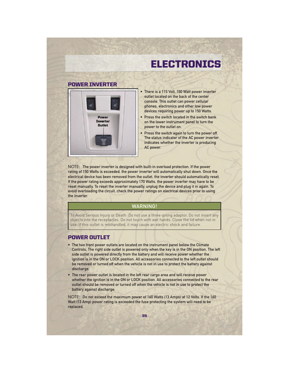 Power inverter, Power outlet, Electronics | Jeep 2010 Grand Cherokee SRT - User Guide User Manual | Page 37 / 84