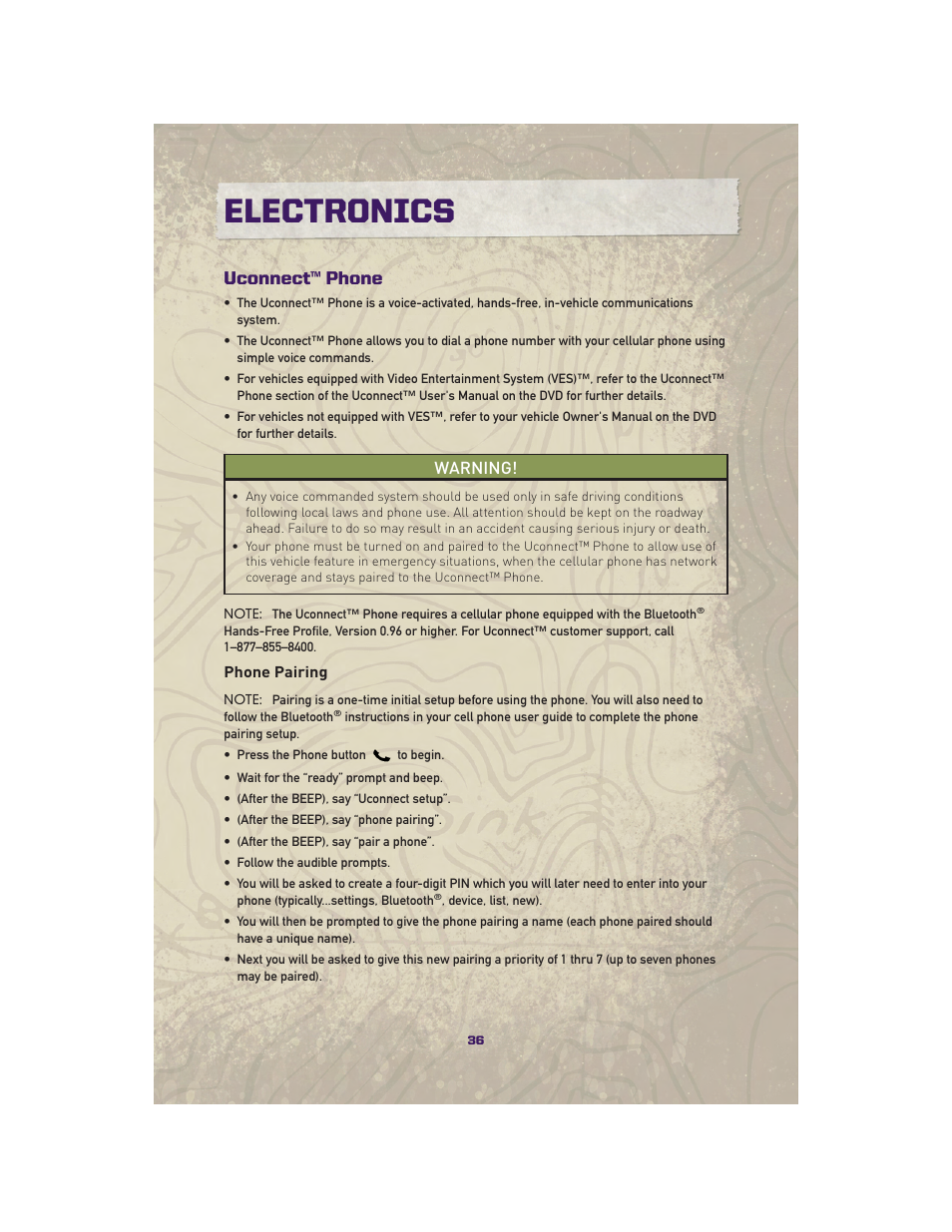 Uconnect™ phone, Phone pairing, Electronics | Warning | Jeep 2010 Grand Cherokee SRT - User Guide User Manual | Page 38 / 84