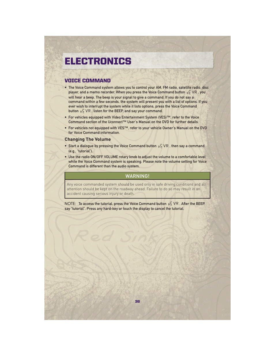 Voice command, Changing the volume, Electronics | Jeep 2010 Grand Cherokee SRT - User Guide User Manual | Page 40 / 84