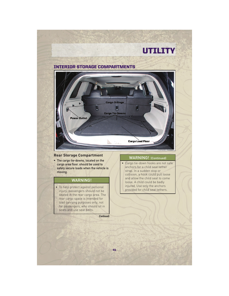 Utility, Interior storage compartments, Rear storage compartment | Jeep 2010 Grand Cherokee SRT - User Guide User Manual | Page 43 / 84