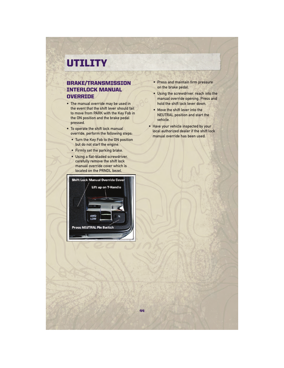 Brake/transmission interlock manual override, Utility | Jeep 2010 Grand Cherokee SRT - User Guide User Manual | Page 46 / 84