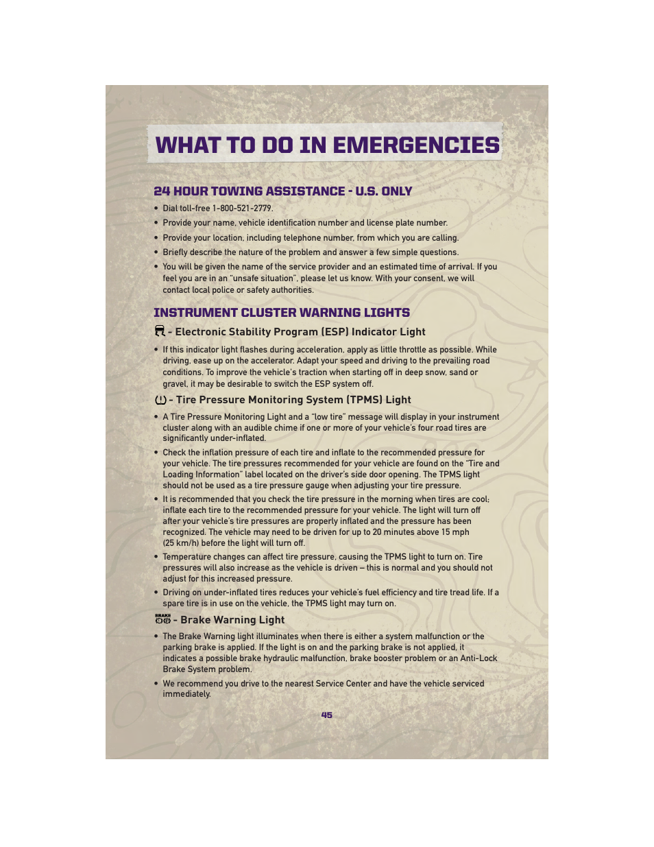 What to do in emergencies, 24 hour towing assistance - u.s. only, Instrument cluster warning lights | Electronic stability program (esp) indicator light, Tire pressure monitoring system (tpms) light, Brake warning light | Jeep 2010 Grand Cherokee SRT - User Guide User Manual | Page 47 / 84