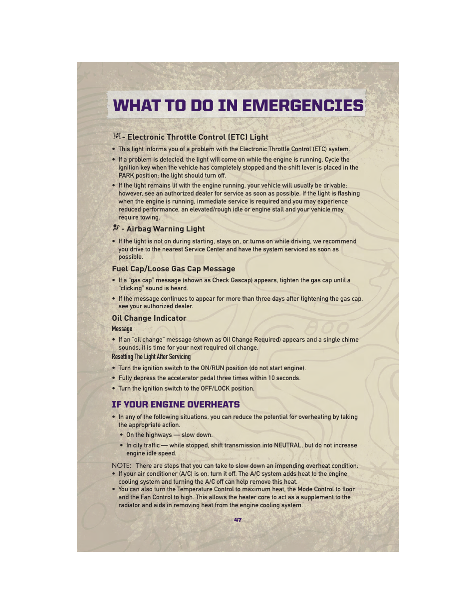 Electronic throttle control (etc) light, Airbag warning light, Fuel cap/loose gas cap message | Oil change indicator, If your engine overheats, What to do in emergencies | Jeep 2010 Grand Cherokee SRT - User Guide User Manual | Page 49 / 84