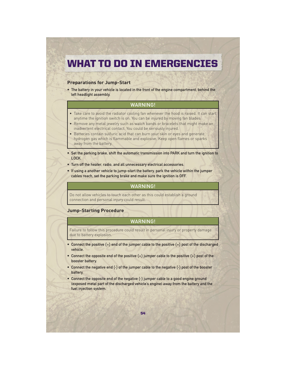 Preparations for jump-start, Jump-starting procedure, What to do in emergencies | Jeep 2010 Grand Cherokee SRT - User Guide User Manual | Page 56 / 84