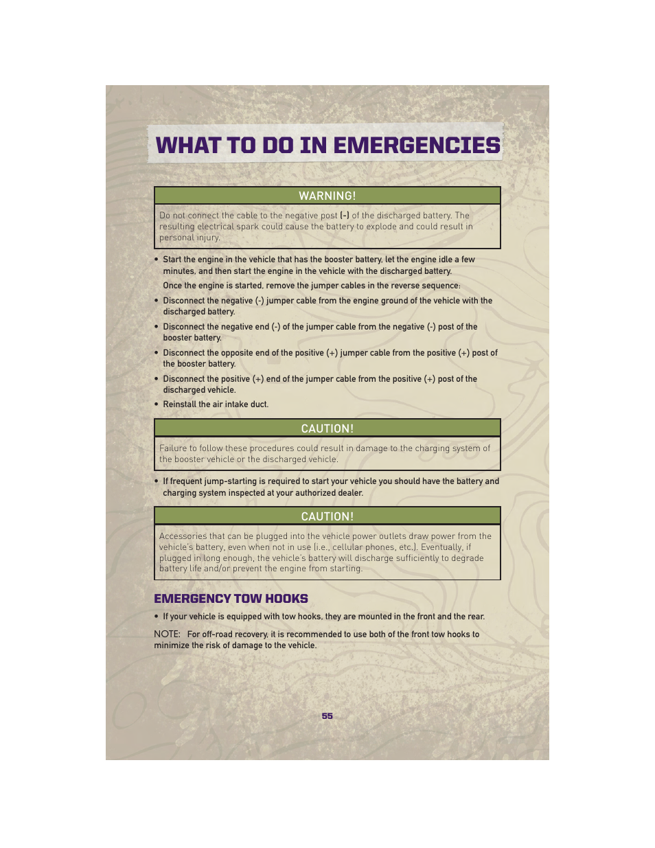 Emergency tow hooks, What to do in emergencies | Jeep 2010 Grand Cherokee SRT - User Guide User Manual | Page 57 / 84