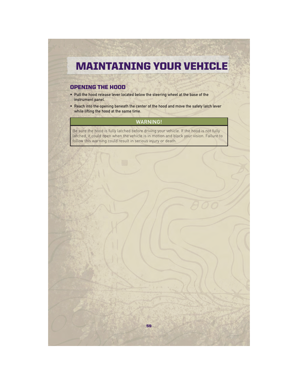 Maintaining your vehicle, Opening the hood, Engine compartment | Jeep 2010 Grand Cherokee SRT - User Guide User Manual | Page 61 / 84