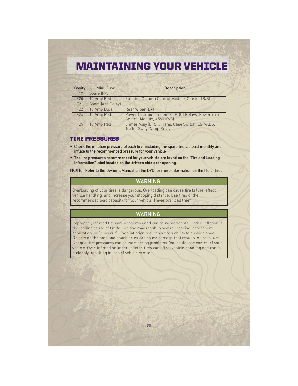 Tire pressures, Maintaining your vehicle | Jeep 2010 Grand Cherokee SRT - User Guide User Manual | Page 75 / 84