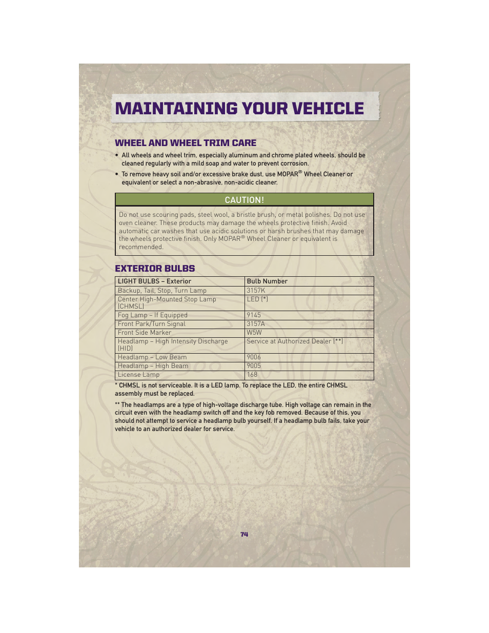 Wheel and wheel trim care, Exterior bulbs, Maintaining your vehicle | Jeep 2010 Grand Cherokee SRT - User Guide User Manual | Page 76 / 84