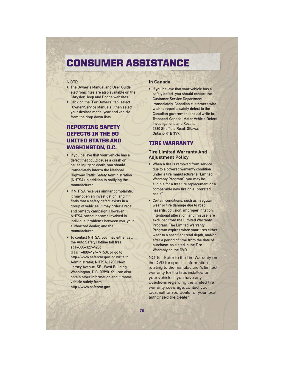 In canada, Tire warranty, Tire limited warranty and adjustment policy | Consumer assistance | Jeep 2010 Grand Cherokee SRT - User Guide User Manual | Page 78 / 84
