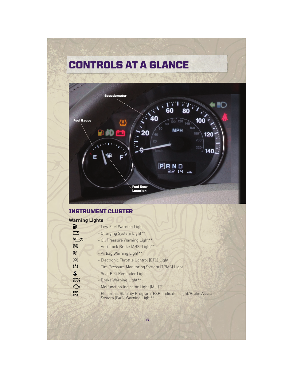 Instrument cluster, Warning lights, Controls at a glance | Jeep 2010 Grand Cherokee SRT - User Guide User Manual | Page 8 / 84