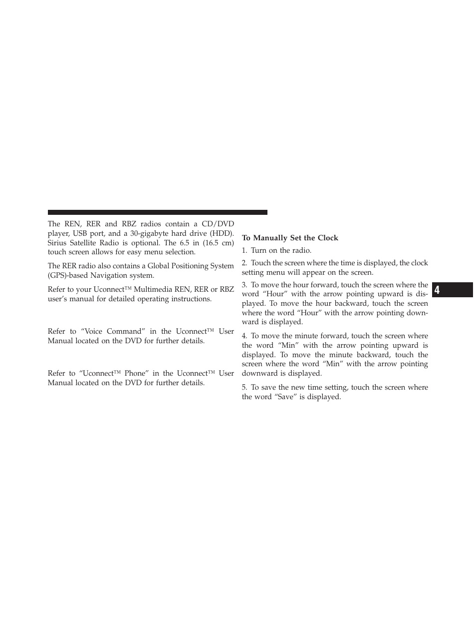 Clock setting procedure — rbz radio, Operating instructions — voice command, System — if equipped | Operating instructions — uconnect™ phone, If equipped | Jeep 2010 Grand Cherokee SRT - Owner Manual User Manual | Page 186 / 407