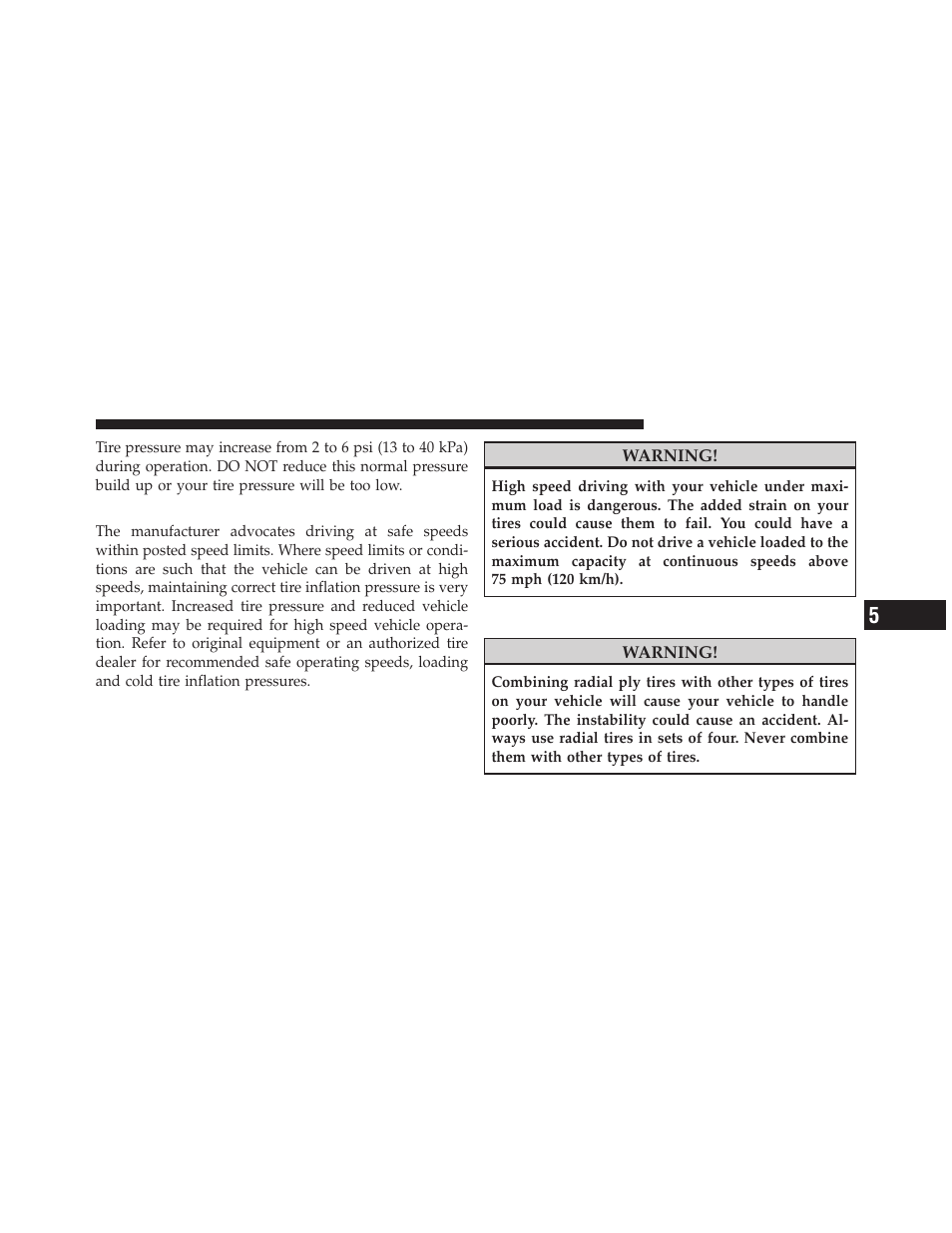 Tire pressures for high speed operation, Radial-ply tires | Jeep 2010 Grand Cherokee SRT - Owner Manual User Manual | Page 276 / 407