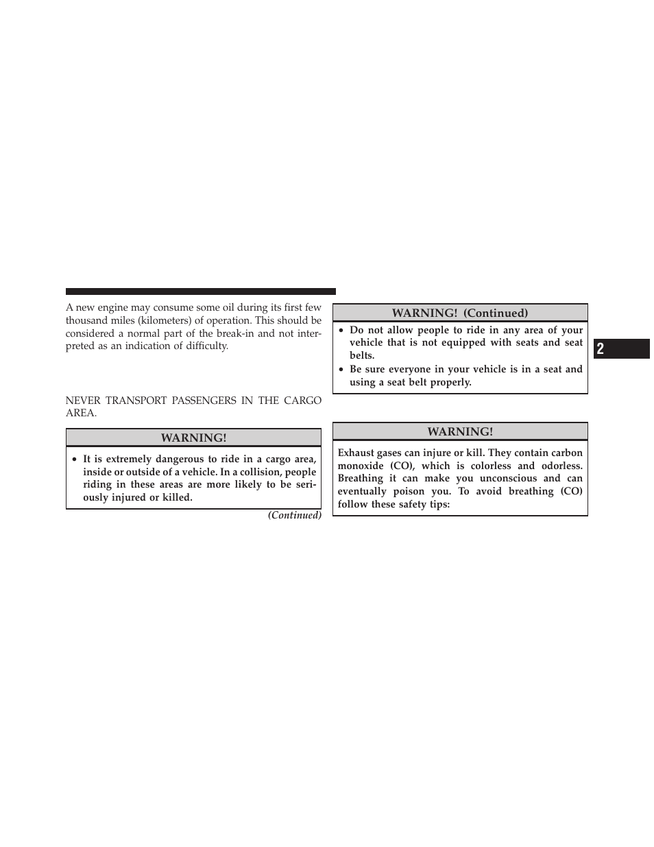 Safety tips, Transporting passengers, Exhaust gas | Jeep 2010 Grand Cherokee SRT - Owner Manual User Manual | Page 72 / 407