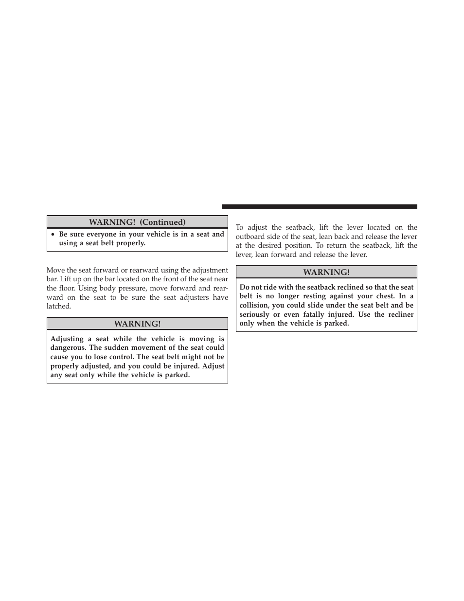 Front manual seat adjustment, Front seat adjustment — recline | Jeep 2010 Grand Cherokee SRT - Owner Manual User Manual | Page 85 / 407