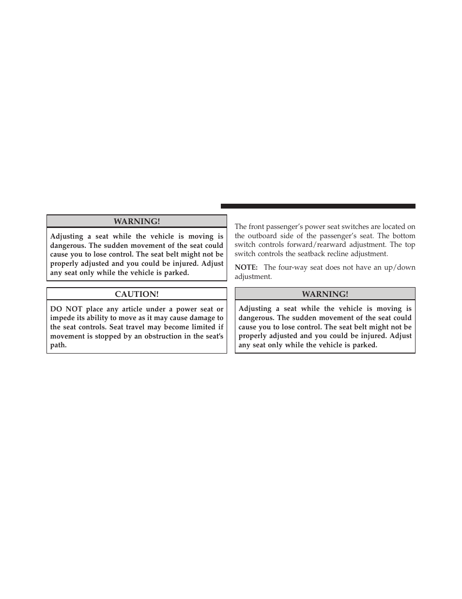 Four-way passenger's power seat — if equipped, Four-way passenger’s power seat — if, Equipped | Jeep 2010 Grand Cherokee SRT - Owner Manual User Manual | Page 87 / 407