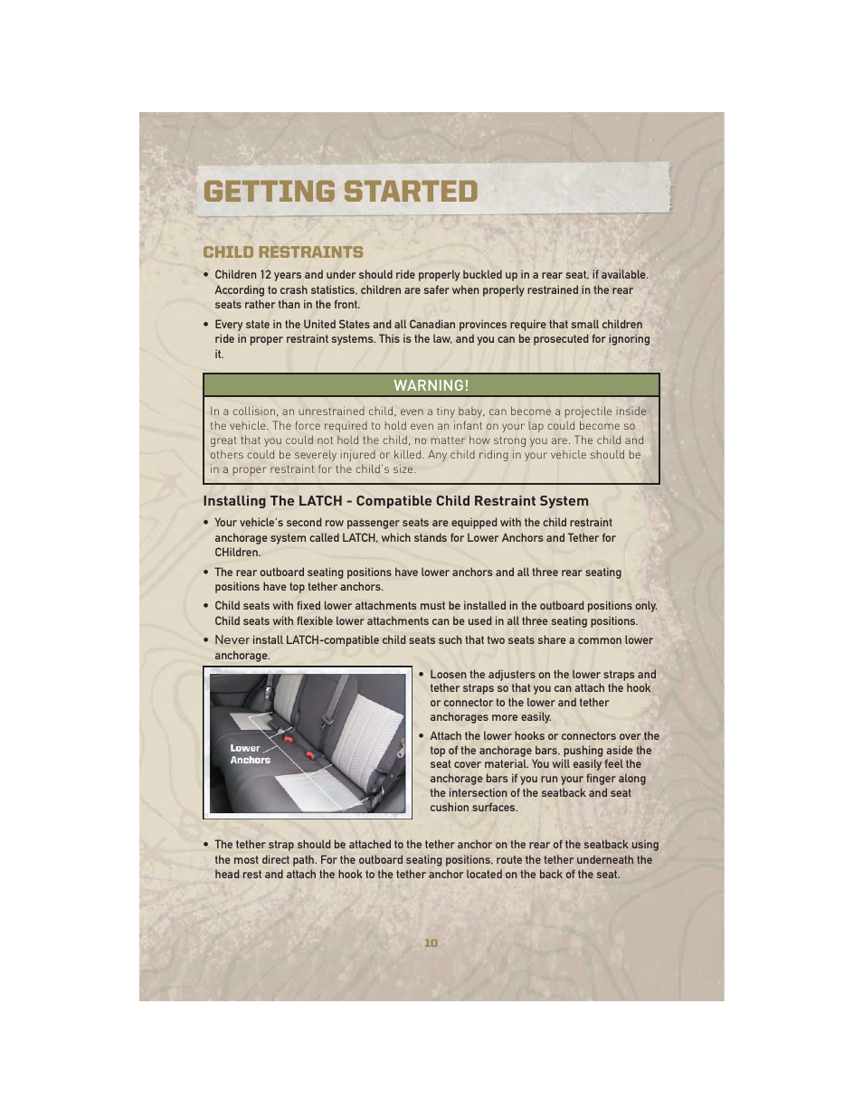 Child restraints, Getting started | Jeep 2010 Liberty - User Guide User Manual | Page 12 / 80