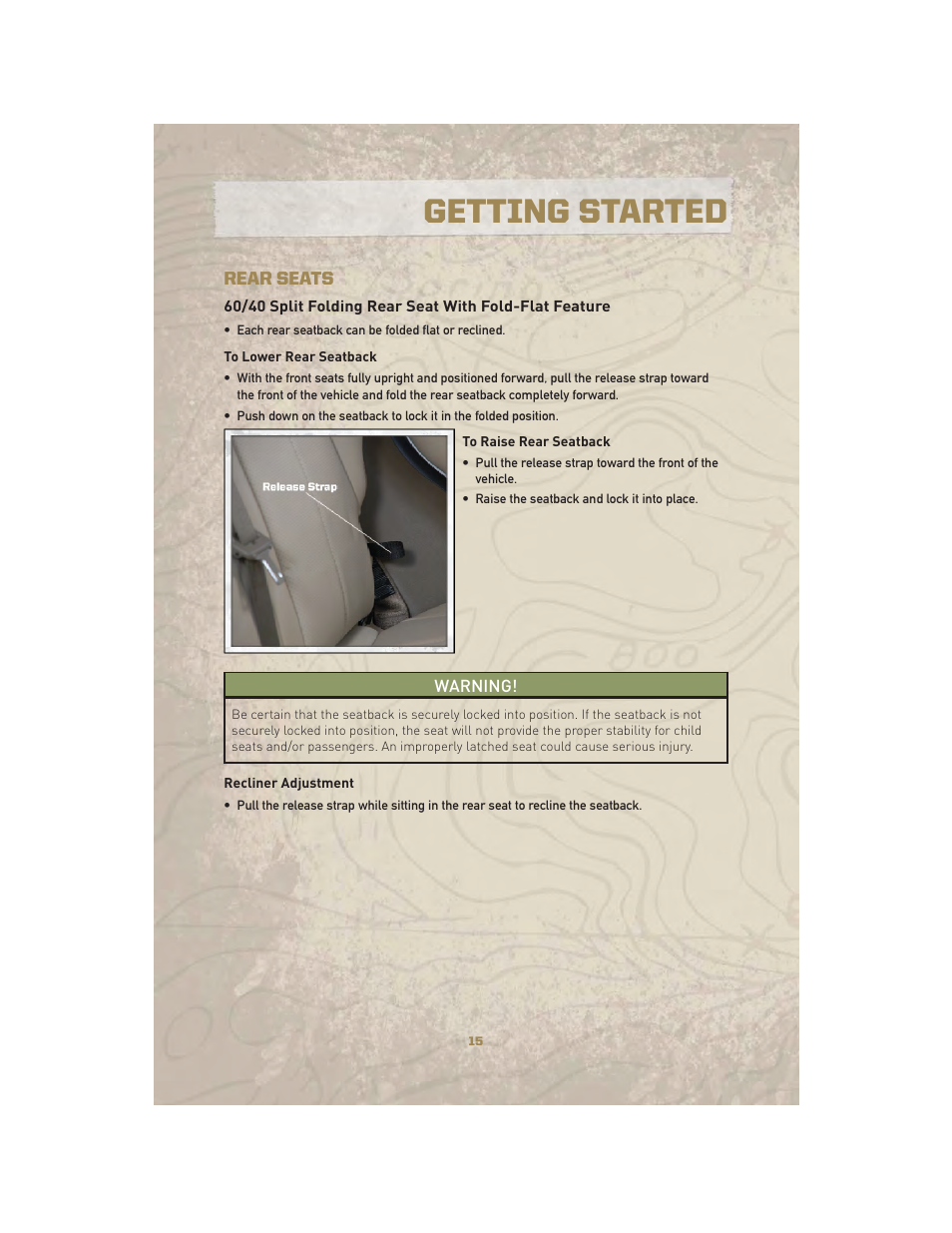 Rear seats, Getting started | Jeep 2010 Liberty - User Guide User Manual | Page 17 / 80