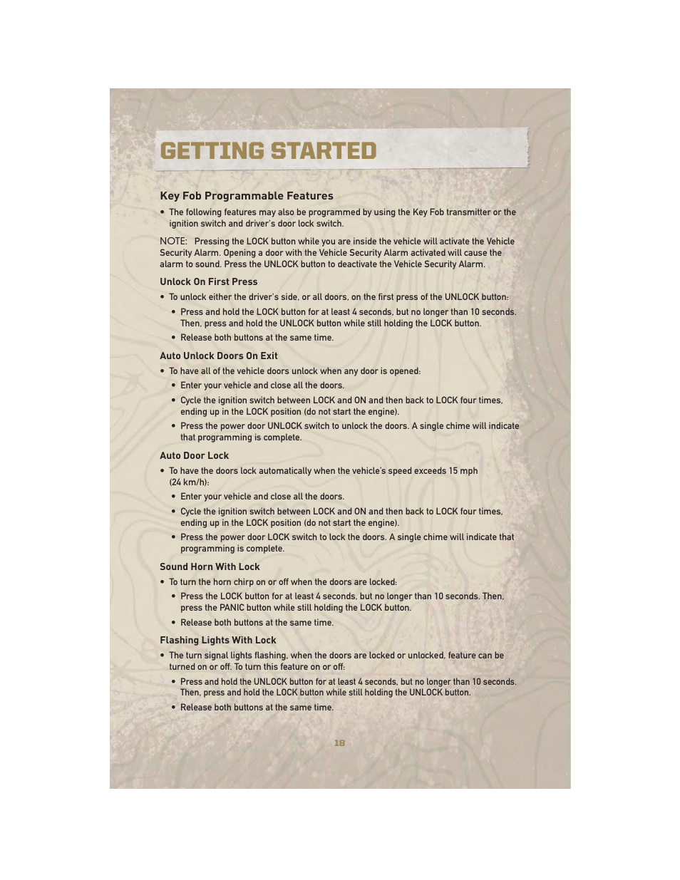 Key fob programmable features, Getting started | Jeep 2010 Liberty - User Guide User Manual | Page 20 / 80