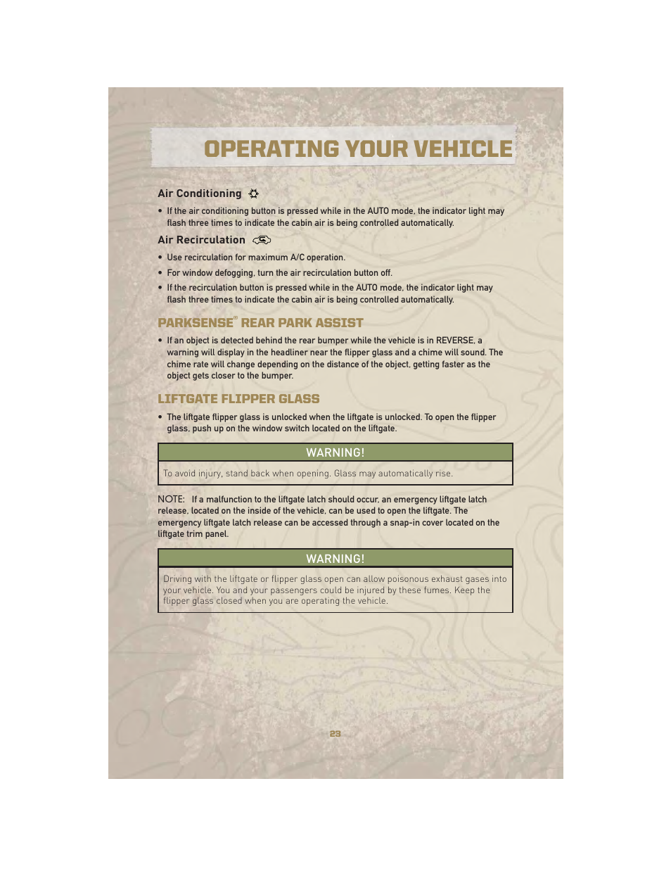 Air conditioning, Air recirculation, Parksense® rear park assist | Liftgate flipper glass, Operating your vehicle | Jeep 2010 Liberty - User Guide User Manual | Page 25 / 80