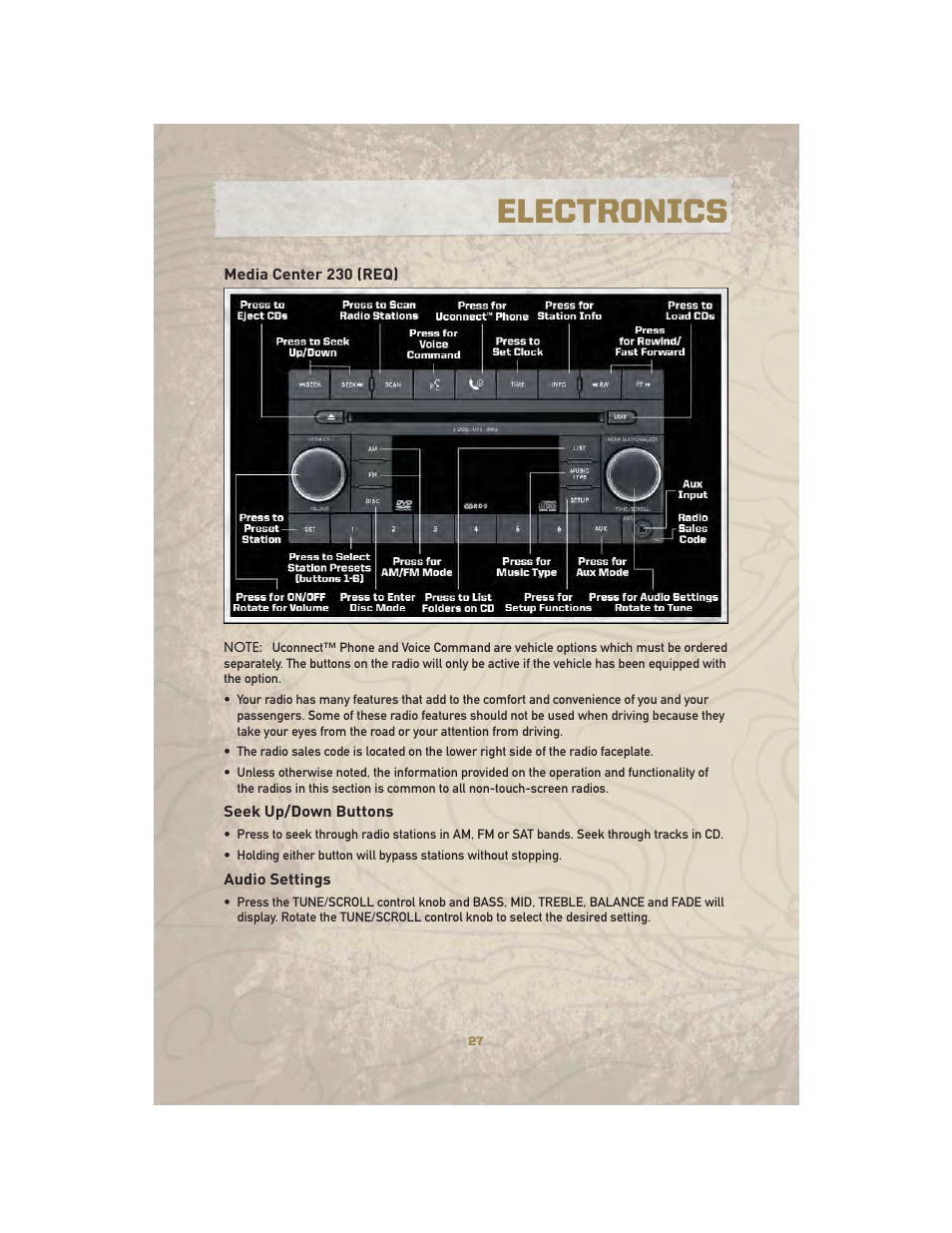 Media center 230 (req), Seek up/down buttons, Audio settings | Electronics | Jeep 2010 Liberty - User Guide User Manual | Page 29 / 80