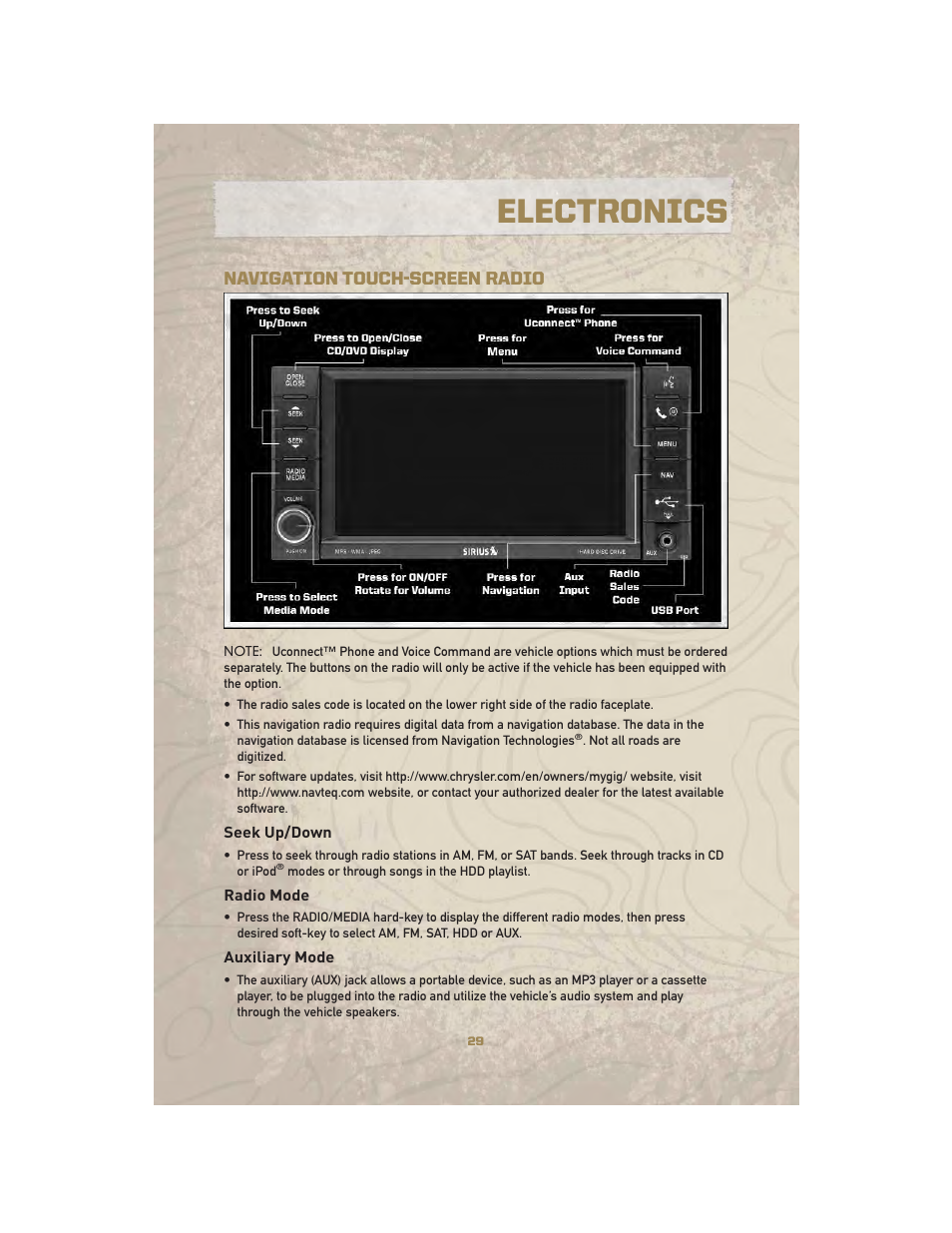 Navigation touch-screen radio, Seek up/down, Radio mode | Auxiliary mode, Electronics | Jeep 2010 Liberty - User Guide User Manual | Page 31 / 80